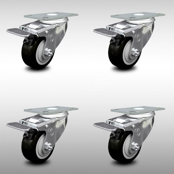 3.5 Inch SS Black Polyurethane Top Plate Caster Set Total Lock Brake SCC
